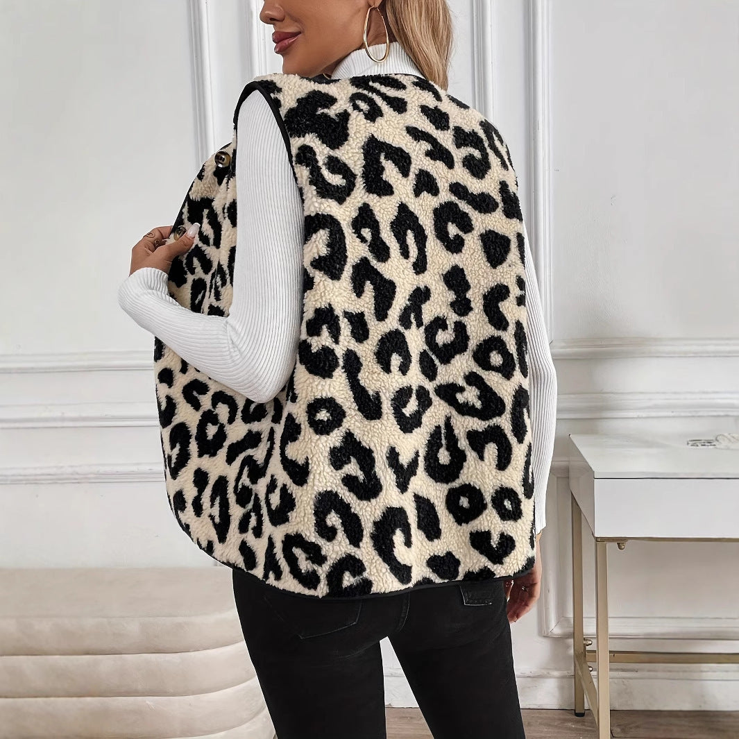 New Leopard Print Front Button Plush Fashion Vest Jacket