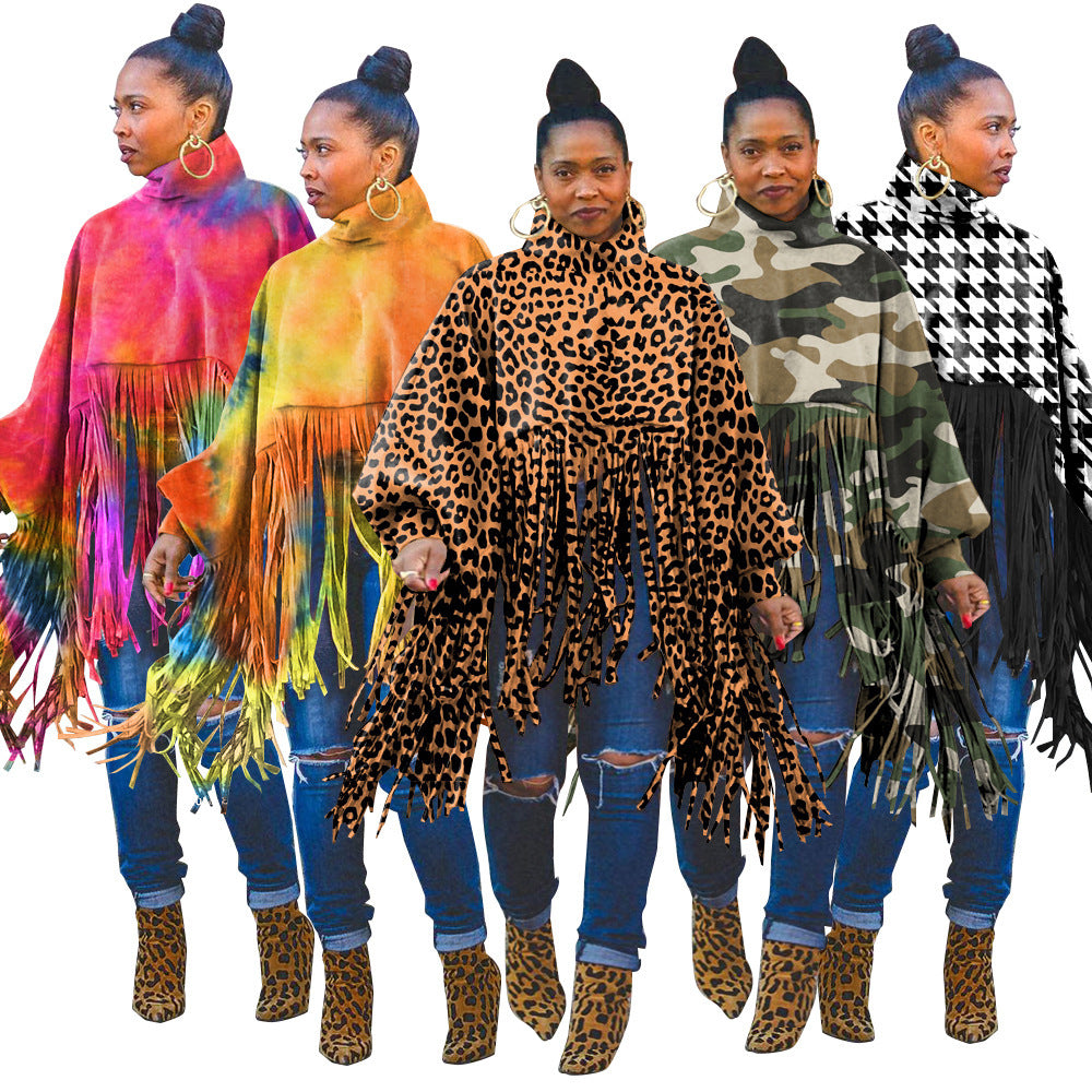 European And American Fashion Leopard Print Long Sleeve Tassel Top Urban Style