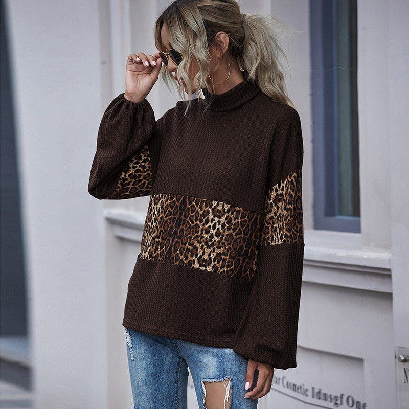 New European And American Leopard Print Contrast Color Long Sleeve Ladies Pullover Top