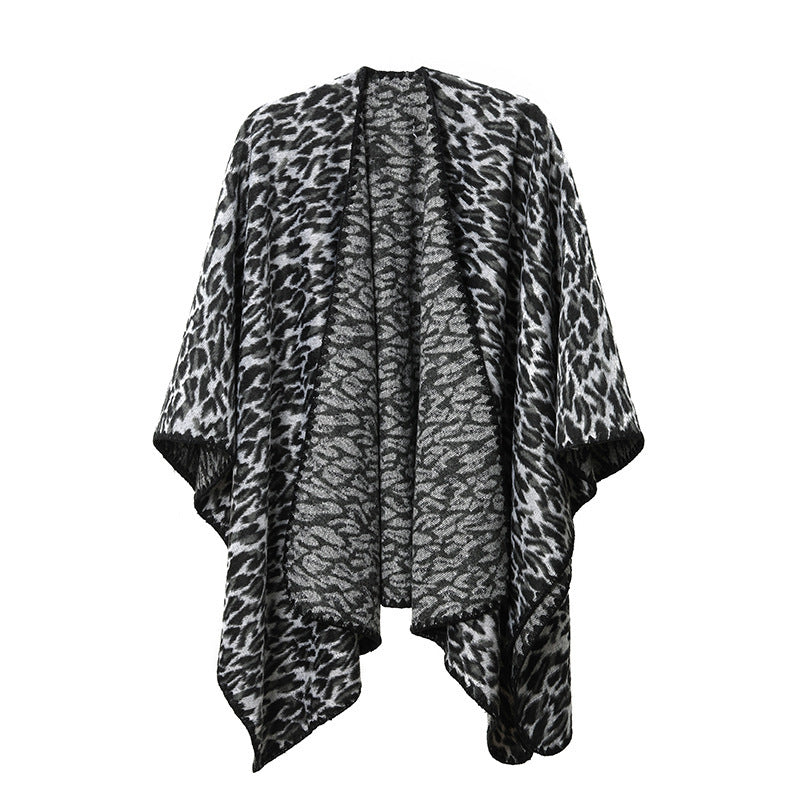 Spring Autumn And Winter New Black Leopard Print Cross Shawl