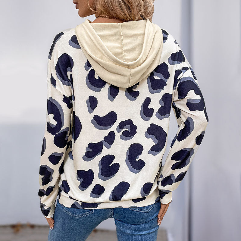 Simple Style Loose Leopard Print Stitching Fake Two-piece Hollow Hooded Sweater For Women