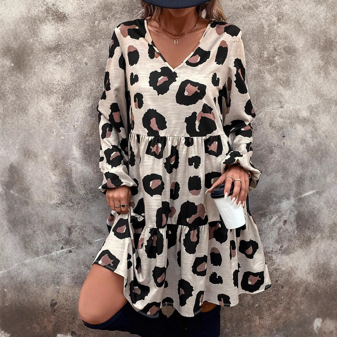 Langärmeliges Kleid mit Leopardenmuster für Frauen