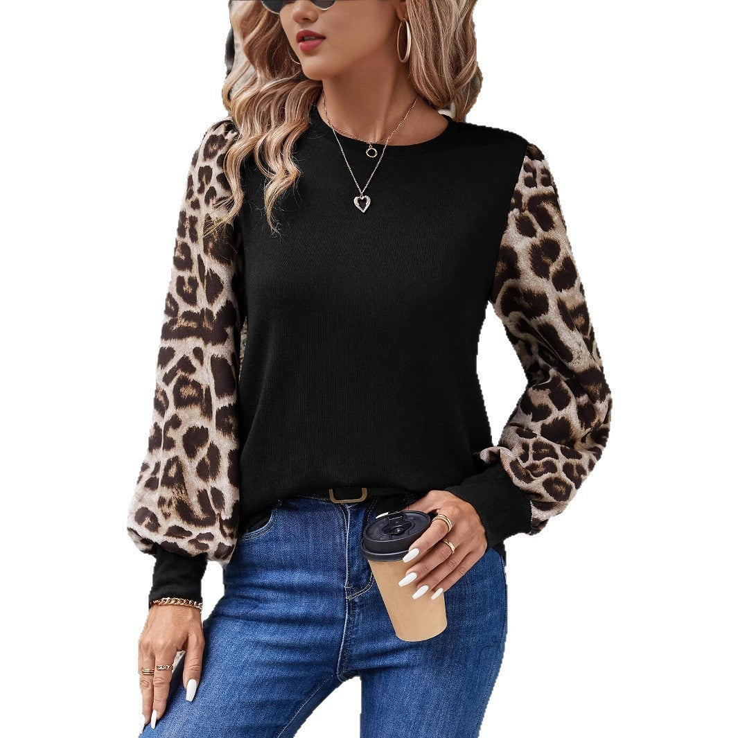 European And American Leopard Print Long Sleeve Round Neck Stitching