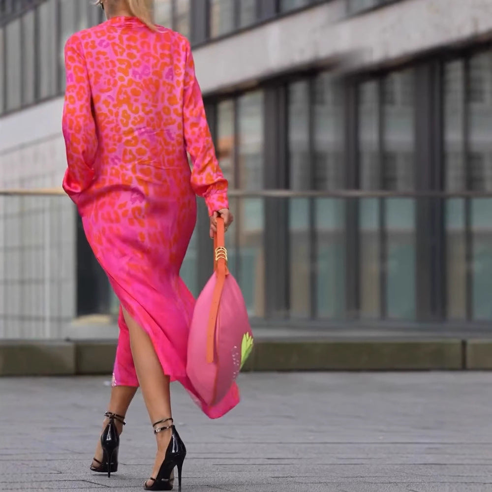 European And American Printed Long Sleeve V-neck Leopard Print Split Pocket Dress