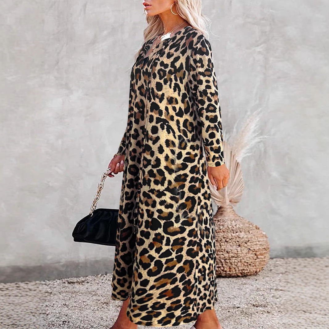Leopard Print Leisure Pullover Elegant Long Sleeve Blouse Dress