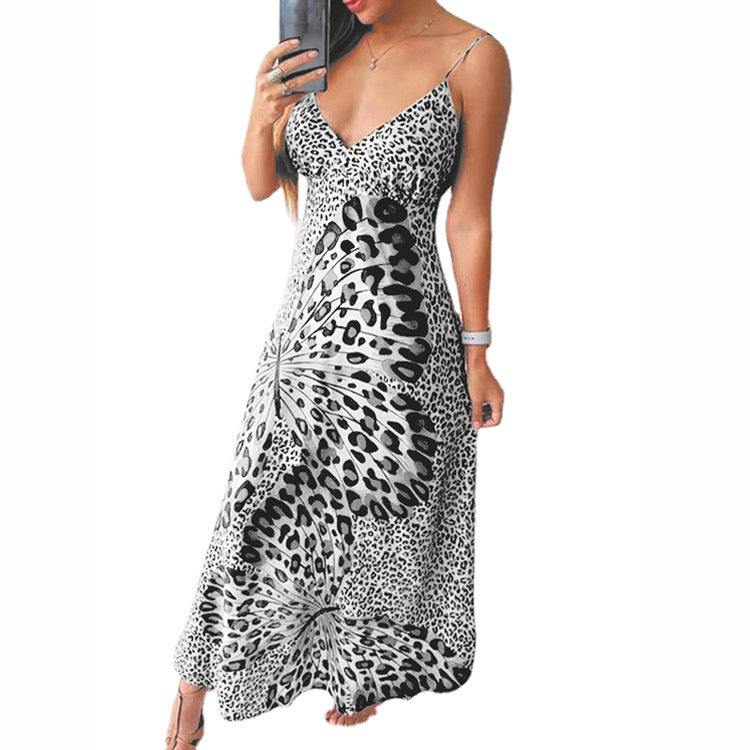 Damen Sling Leopard Print Schmetterling Print Kleid