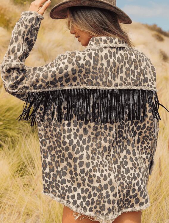 Women's Tassel Washed Distressed Leopard Denim Jacket