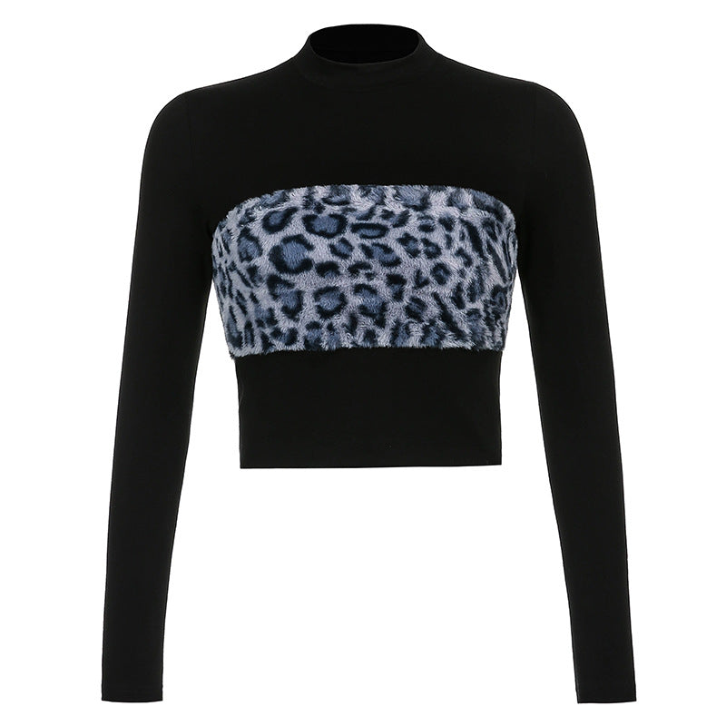 Round Neck Hair Leopard Print Mosaic Slim Slim Long Sleeve T-shirt Blouse Women