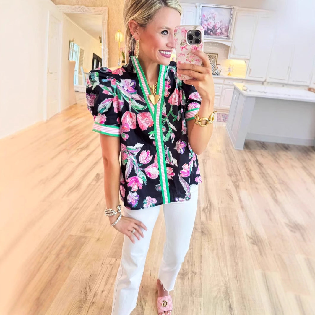 European And American Leisure Fashion Leopard Print Contrast Color Ruffled Short Sleeves