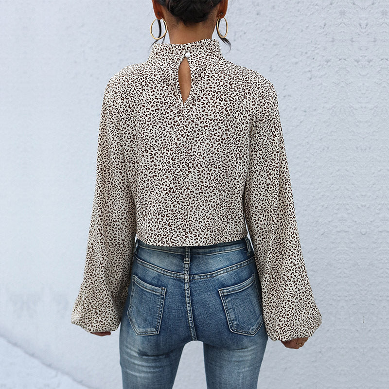 Holiday Fashion Midriff-baring Top Long Sleeve Pullover High Collar Leopard-print Shirt
