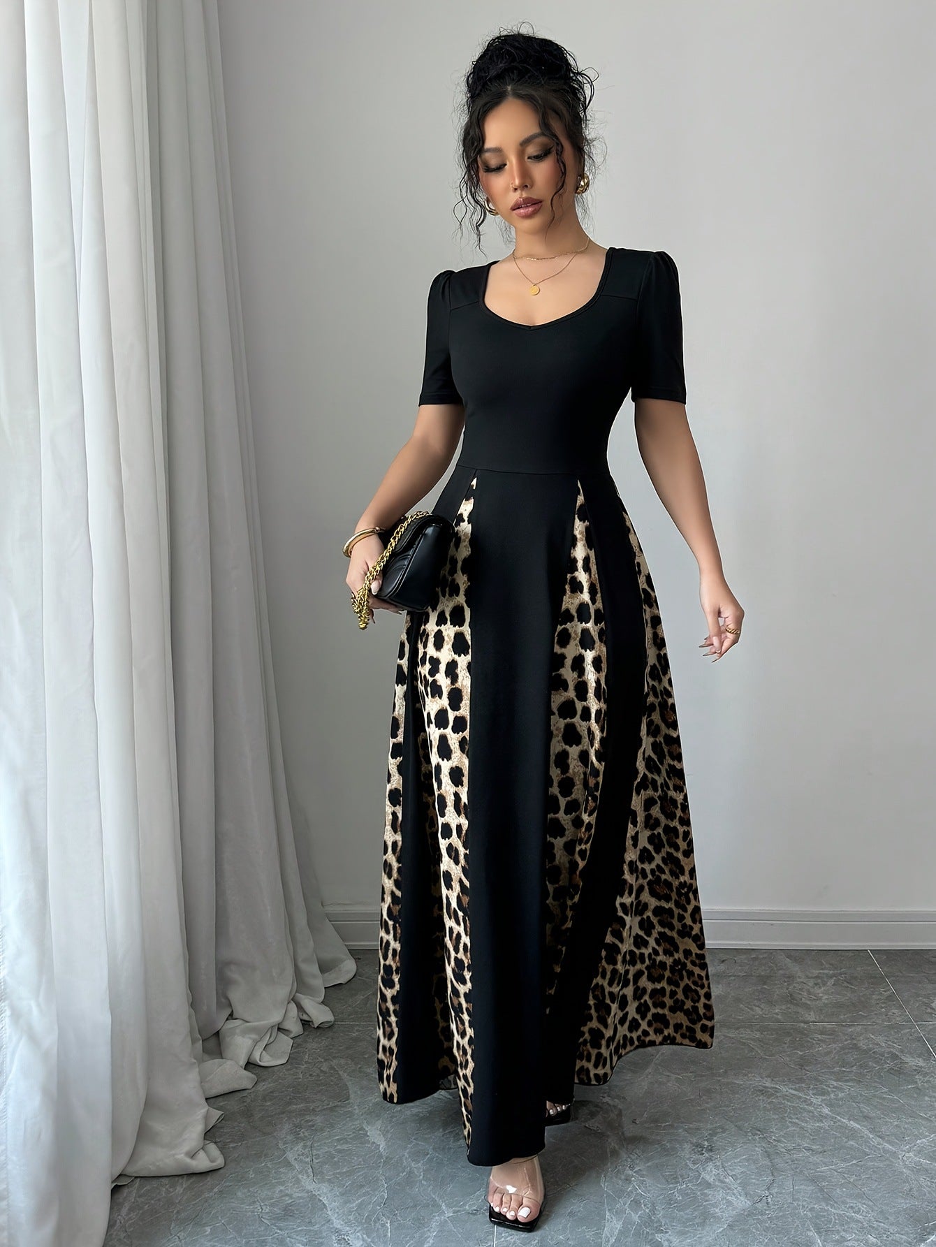 Women's Leopard-print Contrast-color Night Black Dress