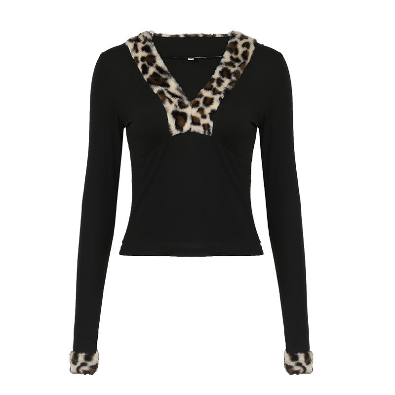 French Sexy Hot Girl Leopard Print Base All-matching T-shirt Sweater