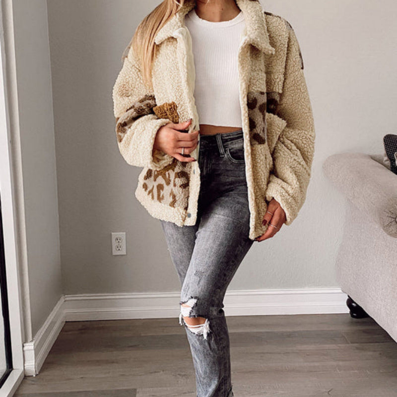 Leopard Print Patchwork Snap Button Jacket