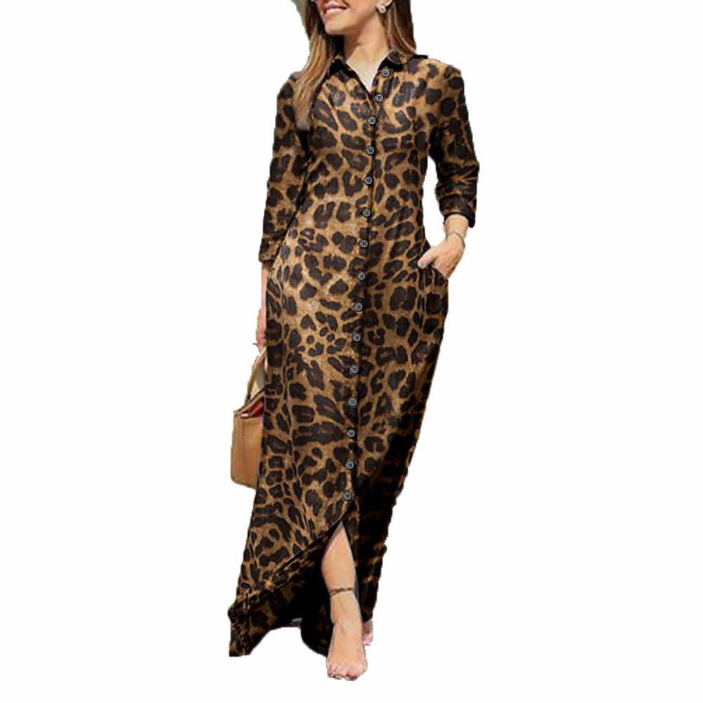 Popular Women's Long Sleeve Leopard Print Shirt Long Dress