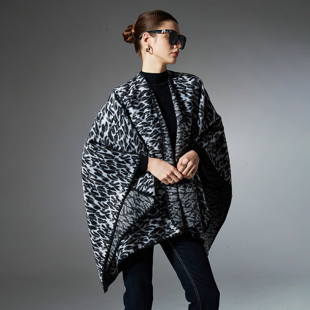 Spring Autumn And Winter New Black Leopard Print Cross Shawl