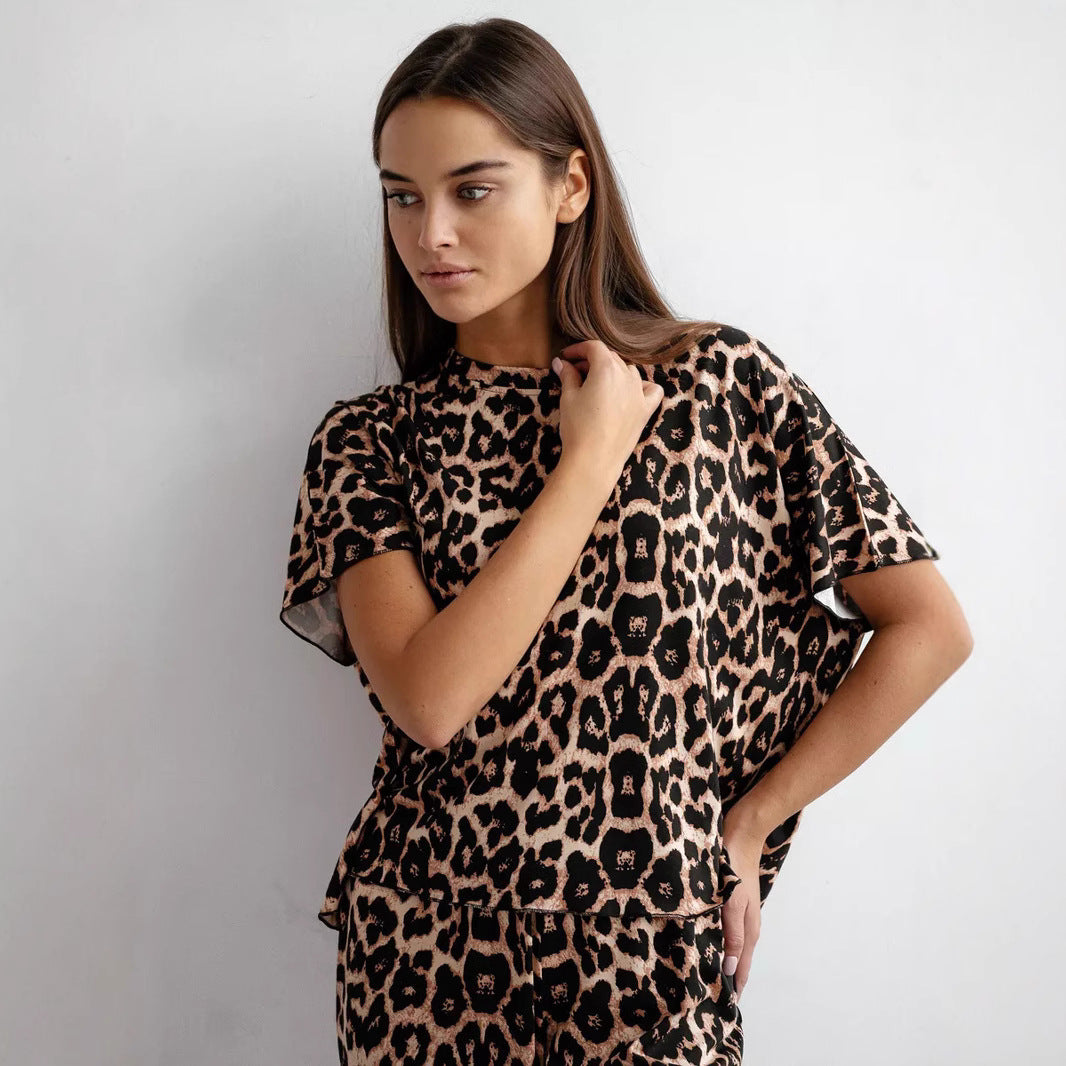 Leopard Print Short Sleeve Suit For Women