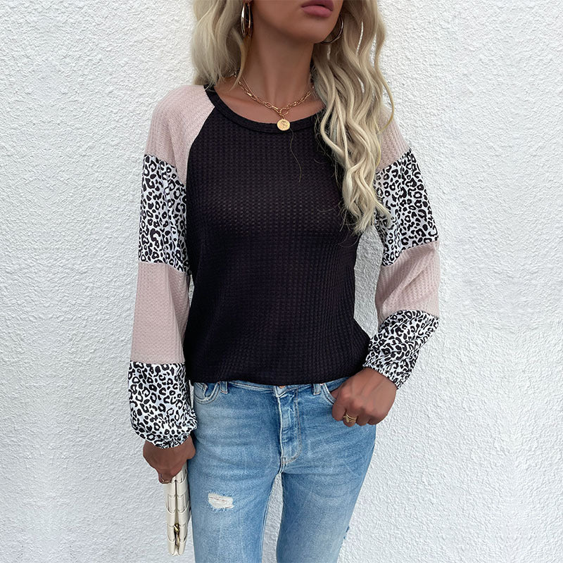 Autumn New Middle East Style Long Sleeve Waffle Top Stitching Leopard Print Knitwear