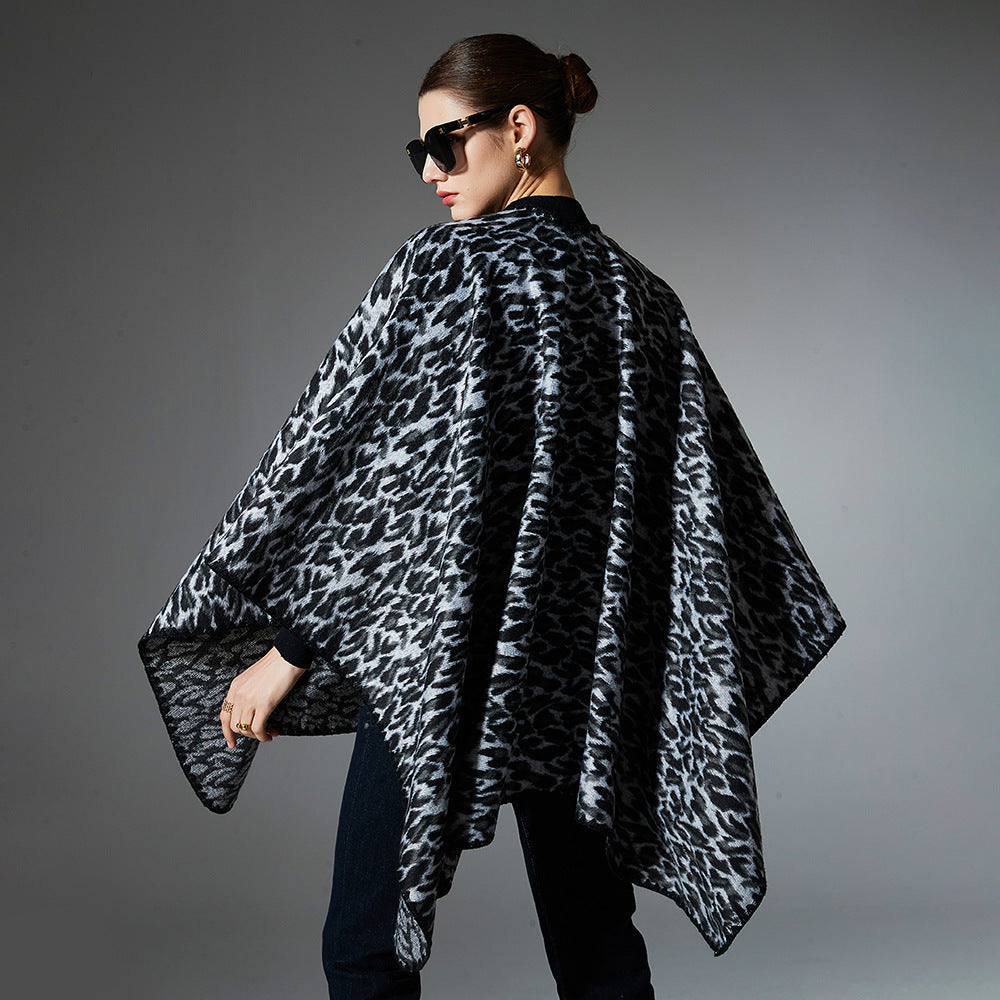 Spring Autumn And Winter New Black Leopard Print Cross Shawl