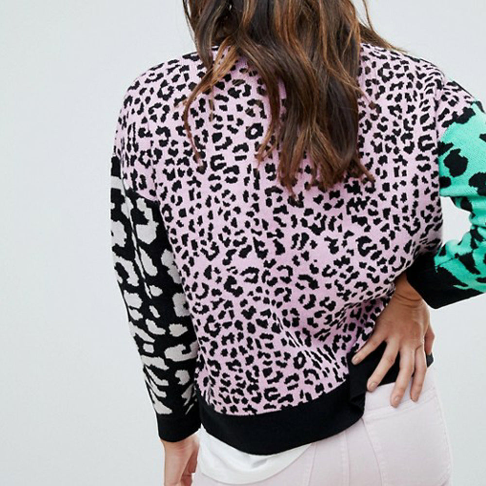 New Popular Fashion Leopard Print Spliced Knit Sweater - Contrasting Cuff Design, Soft And Warm Winter Women's Clothing