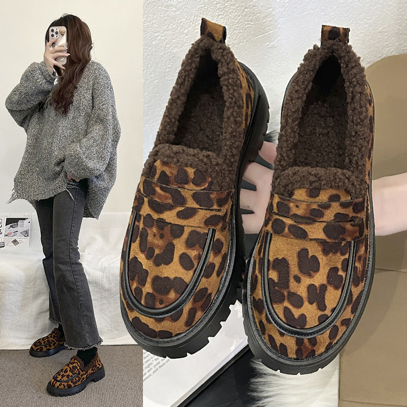 Plus Size Fleece Lined Loafers Leopard Print British Style