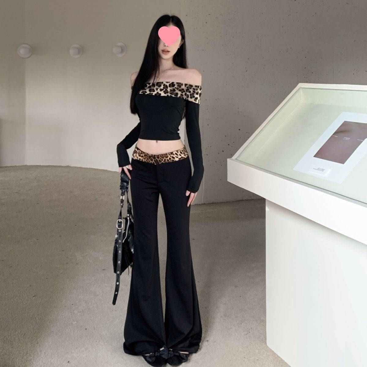 Off-shoulder Leopard Splicing Long Sleeve Autumn And Winter American Hot Girl Suit