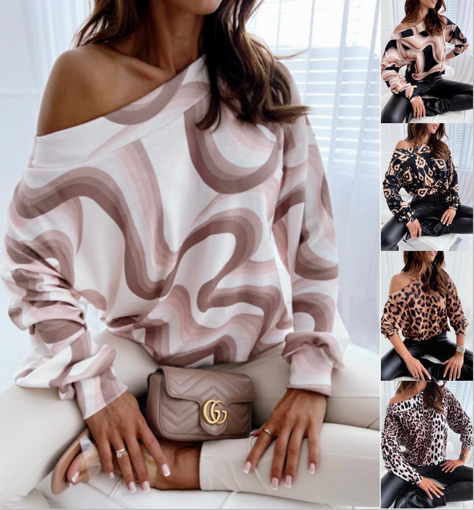 Autumn And Winter Long Sleeve Loose Shoulder Sleeve Leopard Print Blouse For Women