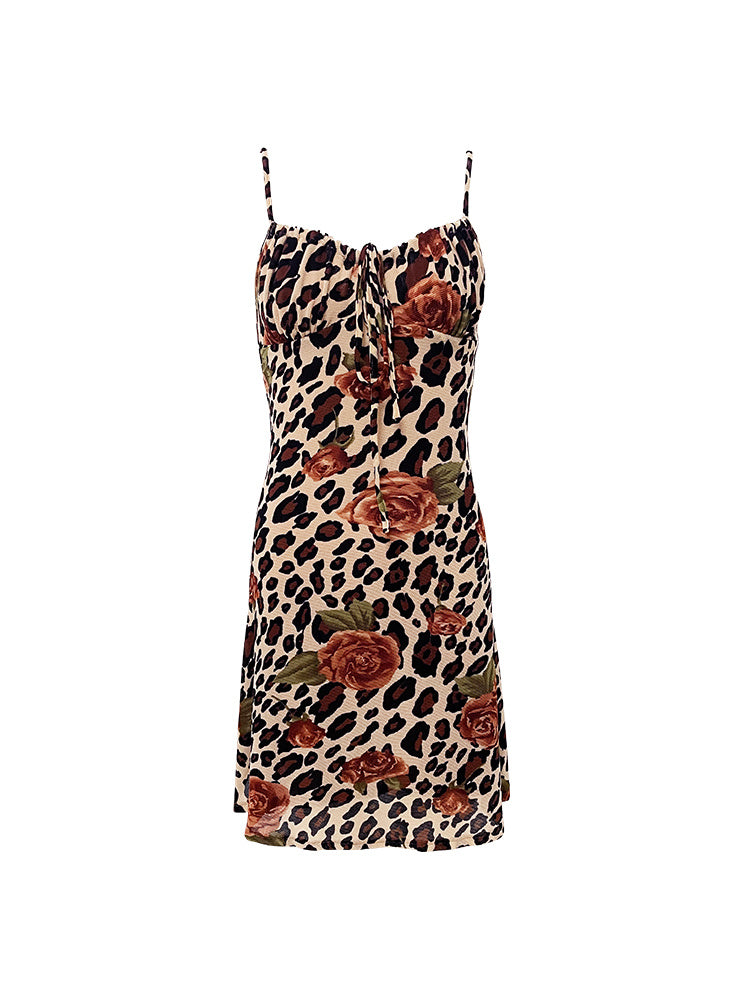 Vintage Leopard Print Gedrucktes kurzes Kleid mit Schleife
