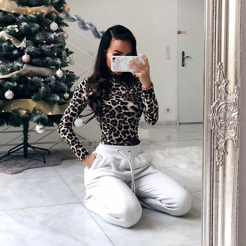 Sexy high collar leopard jumpsuit long-sleeved T-shirt female corset