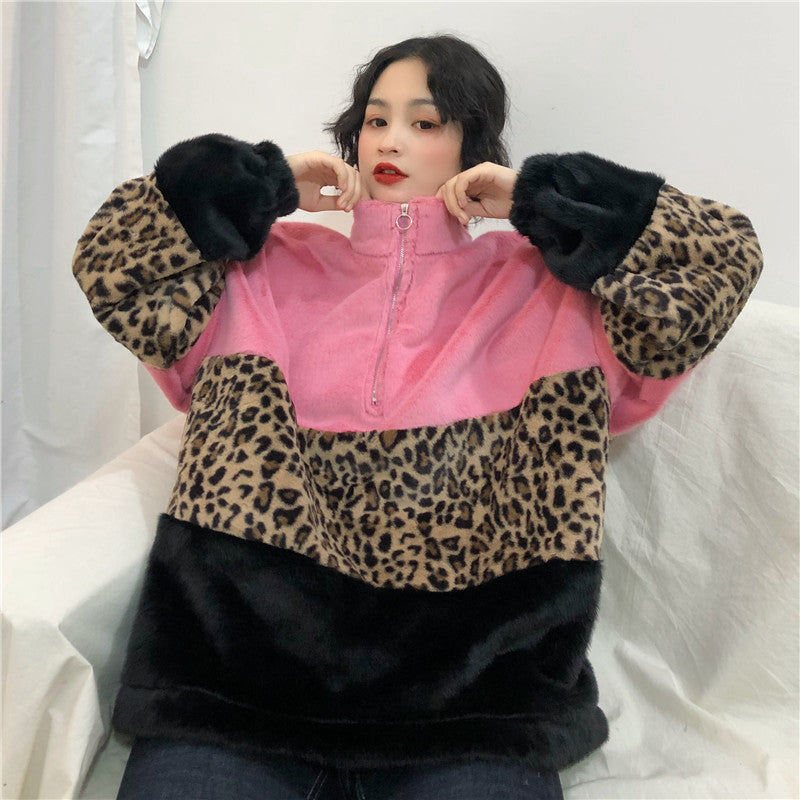 Leopard-patterned turtleneck zip warm sweatshirt