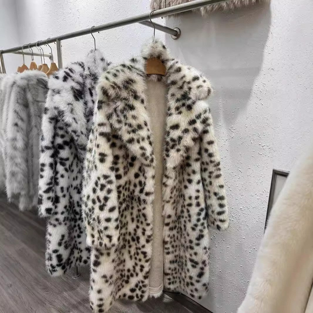 Women's Leopard Print Imitation Fur Fox Long-cut Coat Hooded