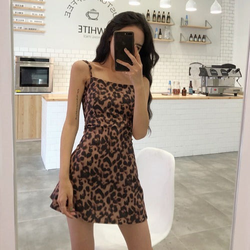 A-Line Skirt Temperament Leopard Print Fashion Strap Dress