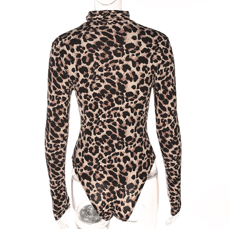 Sexy high collar leopard jumpsuit long-sleeved T-shirt female corset