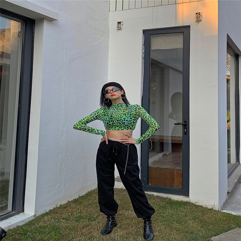 Tight fluorescent green leopard tulle sport's top