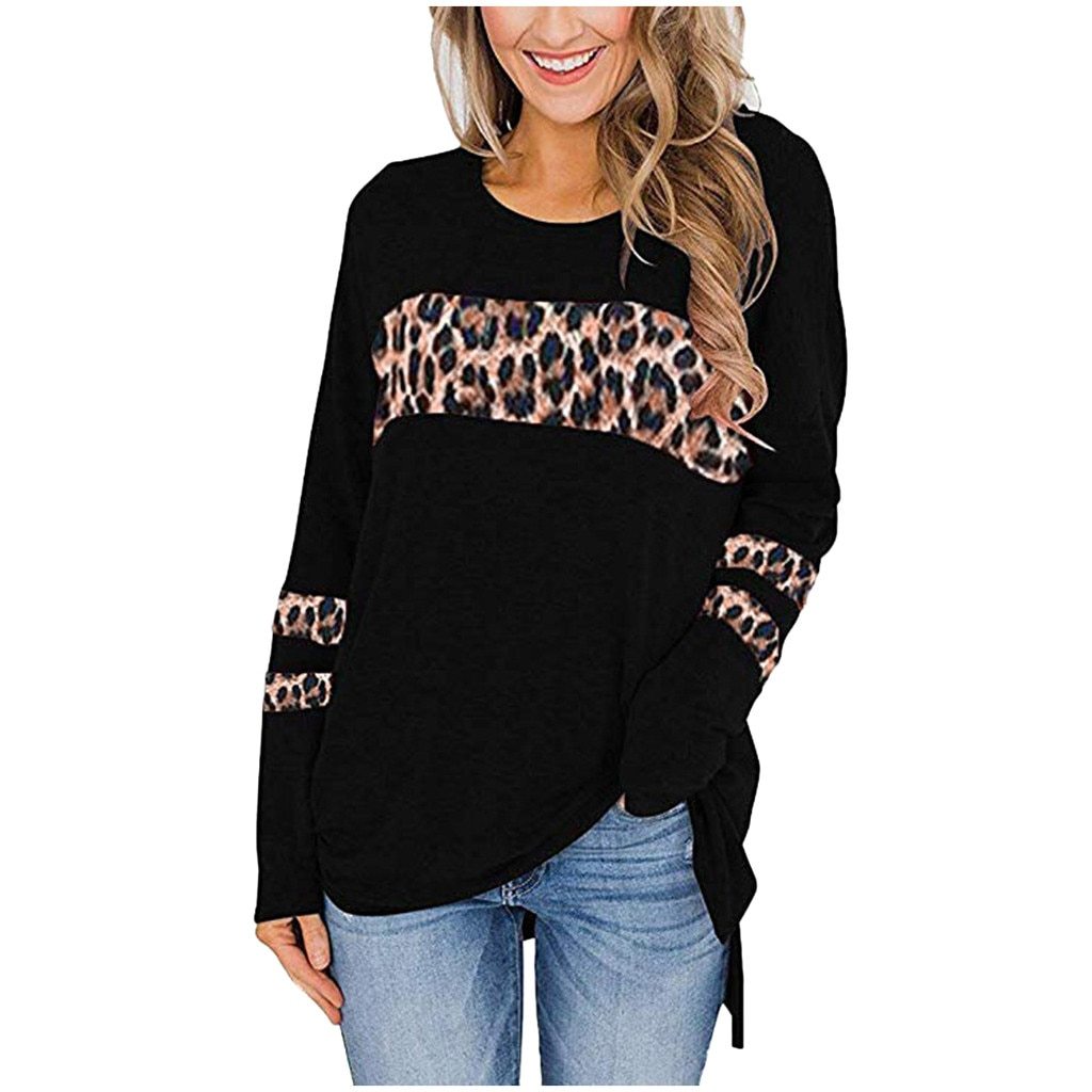 Herbstliches europäisches und amerikanisches T-Shirt mit Leopard print aufgenäht