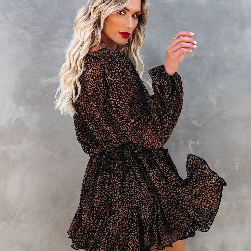 Women's New Leopard Round Neck Long Sleeve Ruffle Skirt Dress