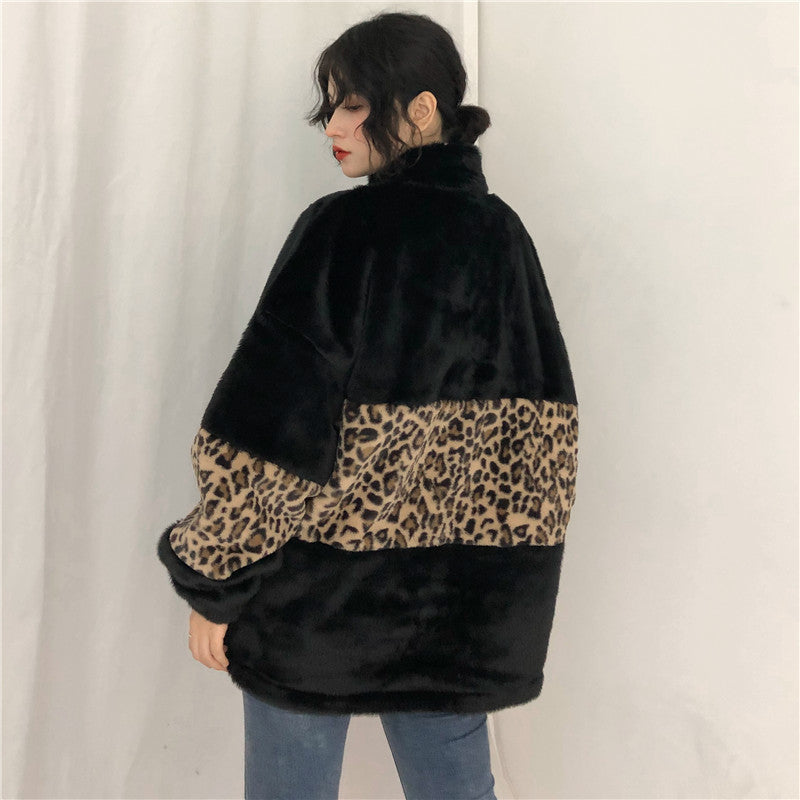 Leopard-patterned turtleneck zip warm sweatshirt
