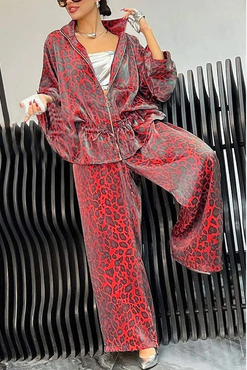 European And American Lapel Waist Drawstring Long Sleeve Leopard Print Casual Suit