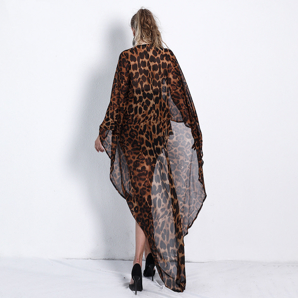Bat-sleeve leopard-print jumpsuit