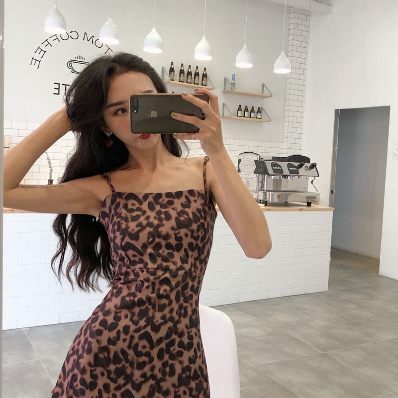 A-Line Skirt Temperament Leopard Print Fashion Strap Dress