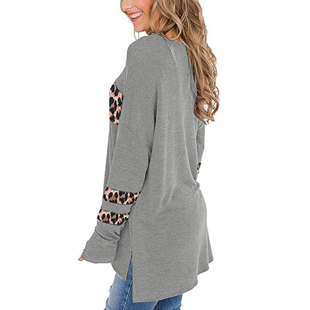 Herbstliches europäisches und amerikanisches T-Shirt mit Leopard print aufgenäht