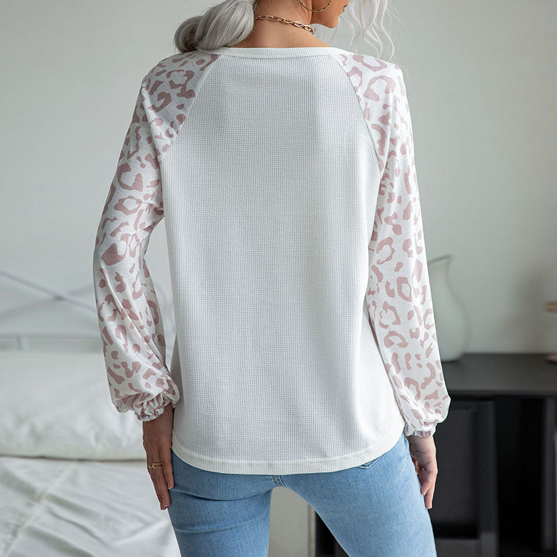 Women's Waffle Panel Basement Leopard V-Neck Knit Sweater