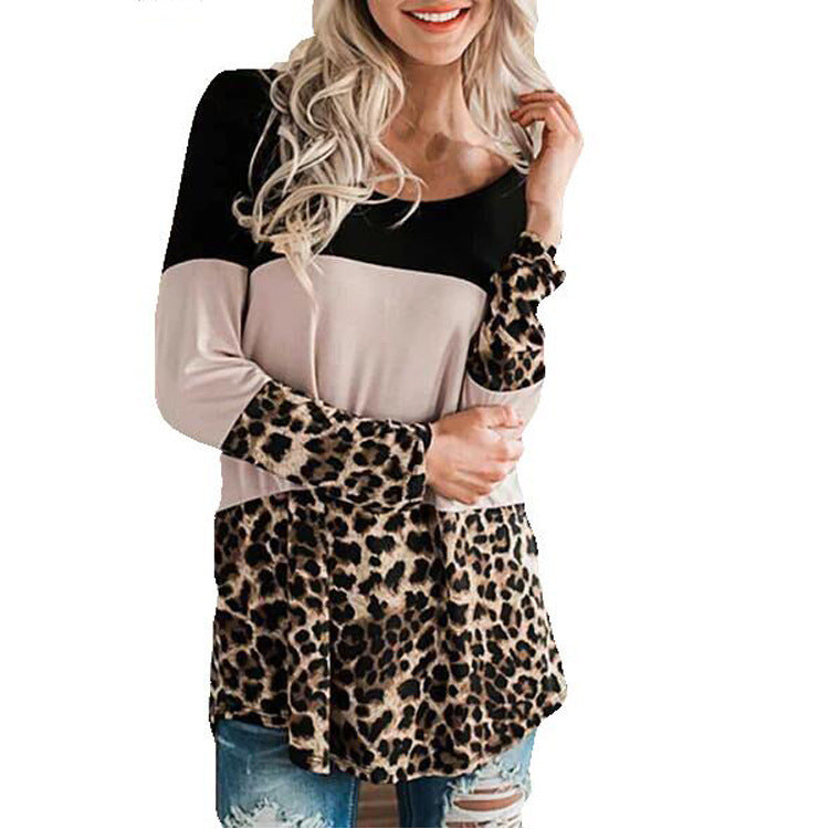 Ladies pullover leopard print stitching round neck long sleeve T-shirt