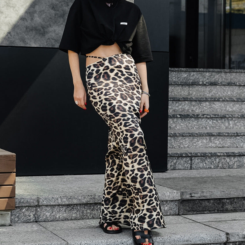 Leopard-print Sheath Fishtail Skirt Commuter High Waist Satin Mopping Dress