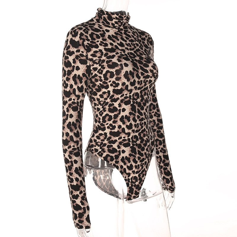 Sexy high collar leopard jumpsuit long-sleeved T-shirt female corset