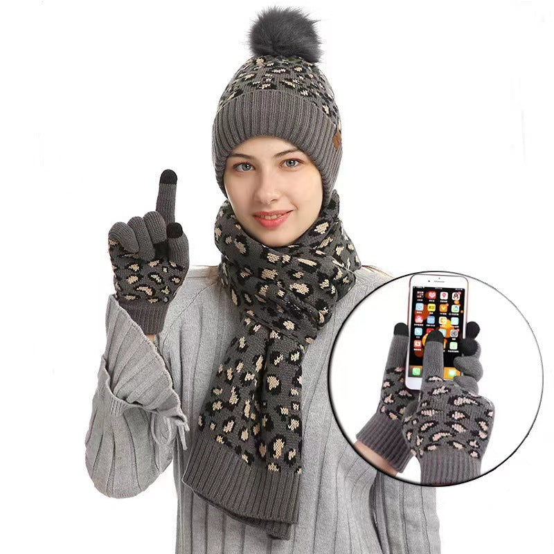 Winter Leopardenmuster Warm gestrickt Wolle Mütze Schal Handschuhe Drei Stück Set