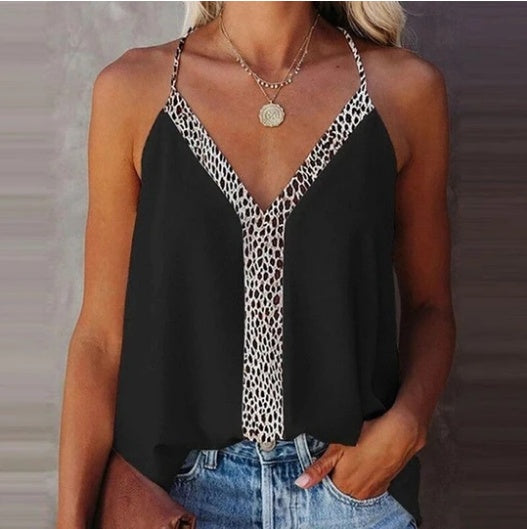 V-Neck Sexy Low-Cut Ladies Strap Leopard Print Top