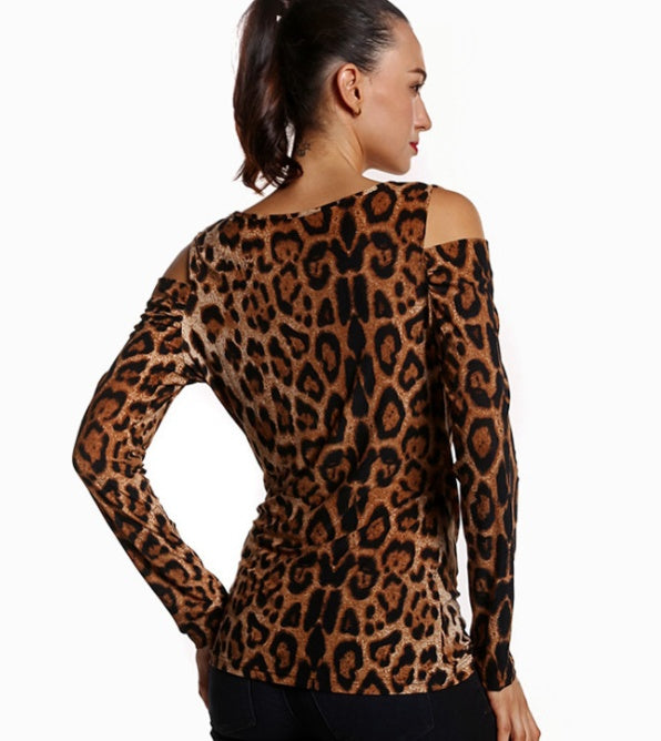 Spring new leopard print deep v collar sexy Slim shoulder long-sleeved shirt for female