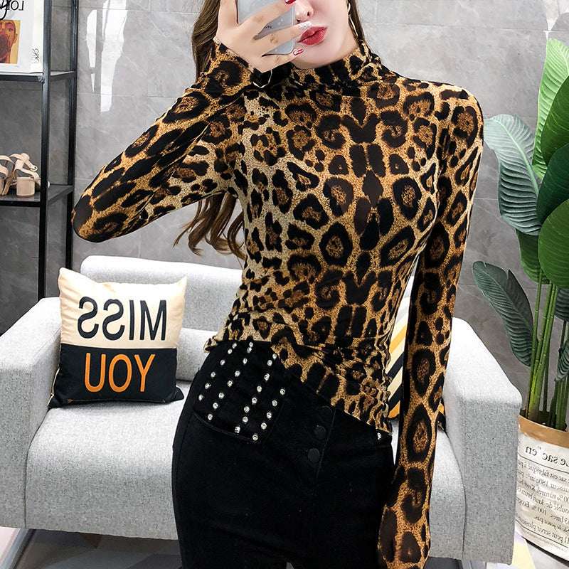 Net gauze leopard print high neck long sleeve