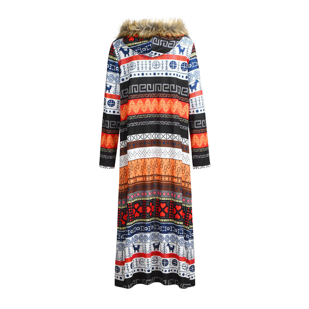 Real Leopard Fur Collar Printed Long Sleeve Ladies Long Trench Coat