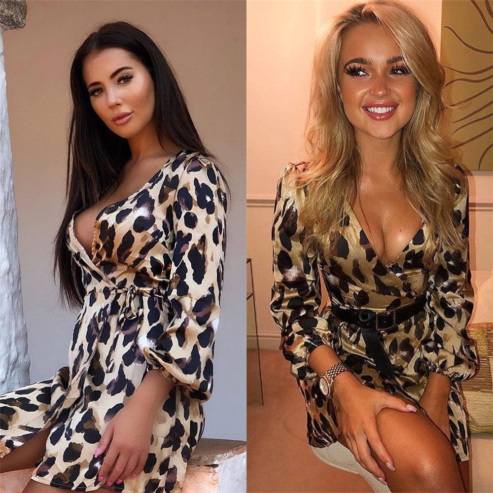 Sexy Leopard Spitzenkleid mit V-Ausschnitt